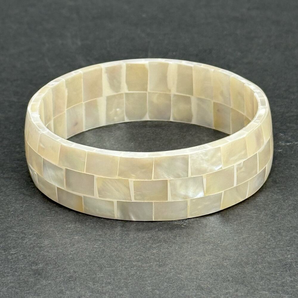 Vintage Mother of Pearl Mosaic Bangle Bracelet Iridescent Shell Inlay Boho Brick